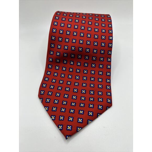 Ralph Lauren Silk Necktie Hand Made USA Red With Blue Dot Flowers Polo Tie 56” - Picture 1 of 7